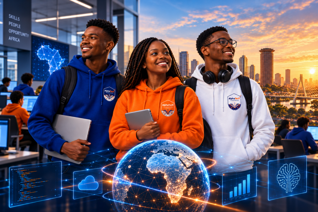 AlphaTech Training Institute students in blue, orange and white hoodies learning technology skills in a modern digital environment